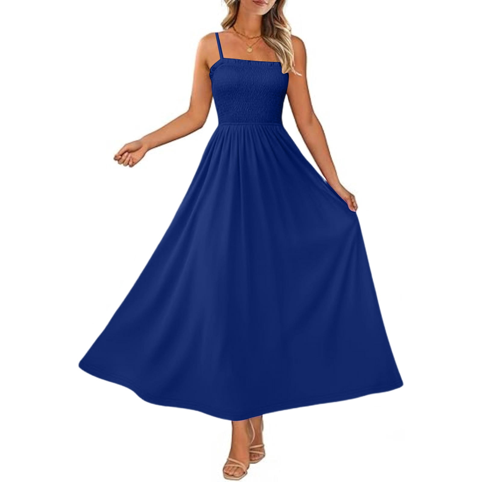 Hueook Womens Dresses Women's Bohemian Spaghetti Strap Sleeveless Long Beach Sun Dresses Solid Maxi Dress Blue XL