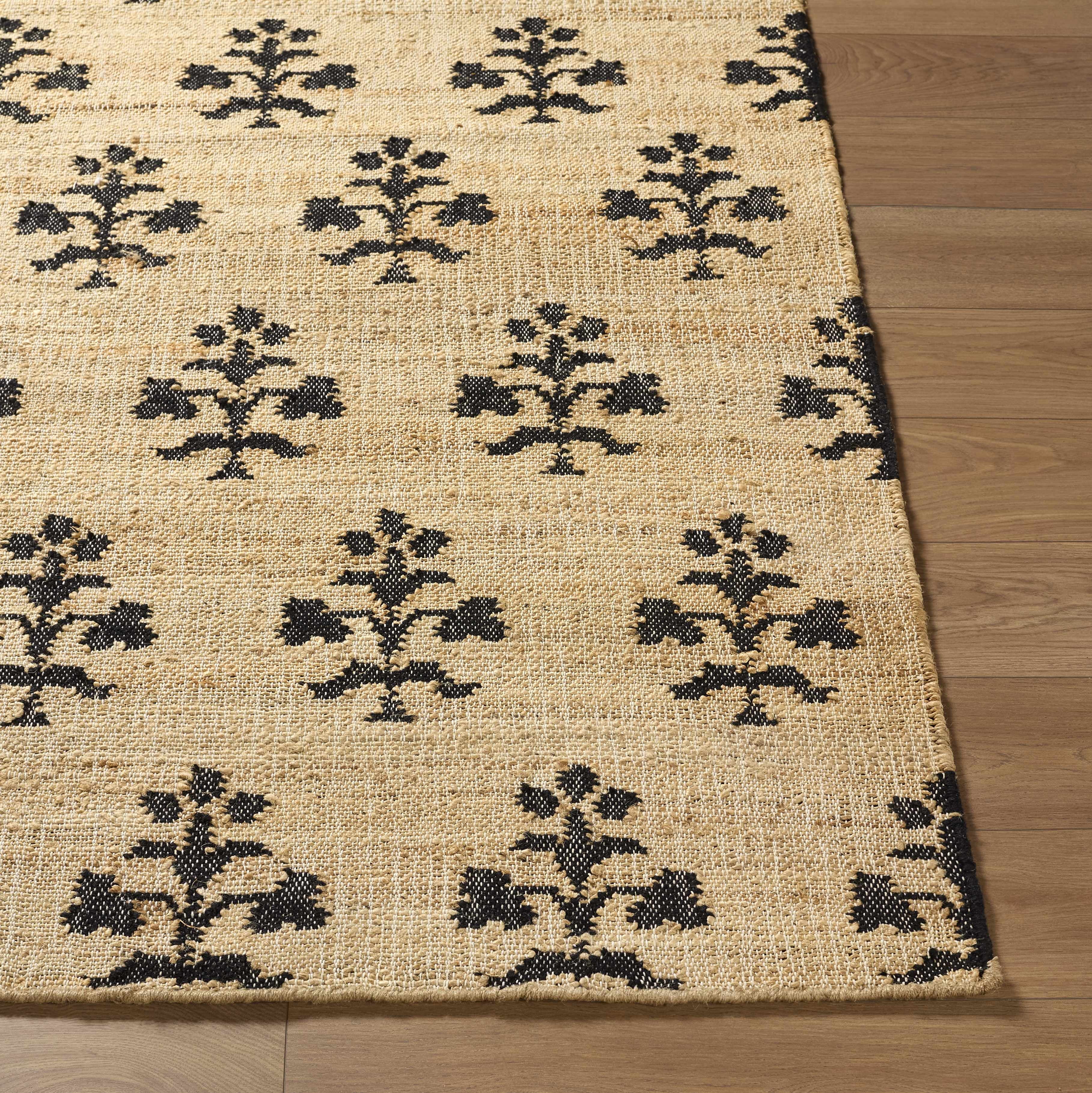 Hauteloom Albina Boho Hand Woven Wool and Jute Blend Natural Fiber Soft Area Rug - Traditional Floral Carpet for Living Room, Bedroom, Dining Room - Natural, Black, Charcoal, Beige - 9' x 12'