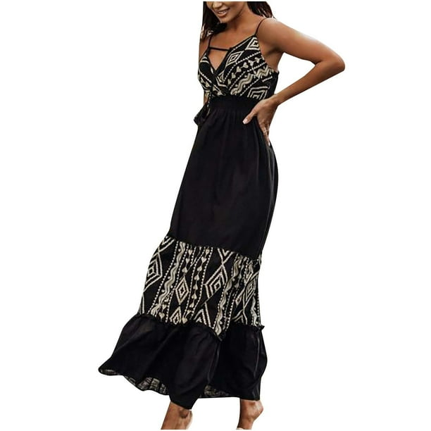 Vestido largo ajustado de cintura elástica con cordones y cuello en V estampado sin mangas de verano para mujer Pompotops ghjkhdj9072