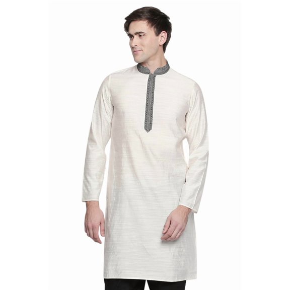 In-Sattva Men's Indian Embroidered Banded Collar and Placket Royal Kurta Tunic; White; SM