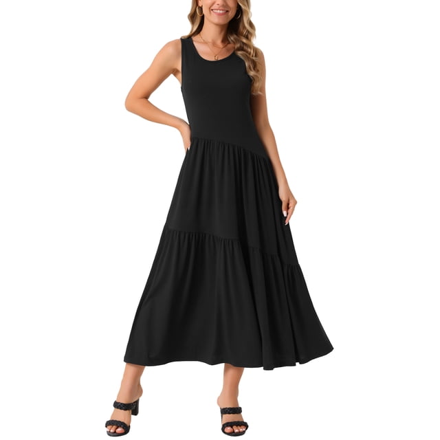 INSPIRAR CHIC Vestido de Verano Casual Sin Mangas con Cuello Redondo A-Line Flowy Vestido Maxi M Negro