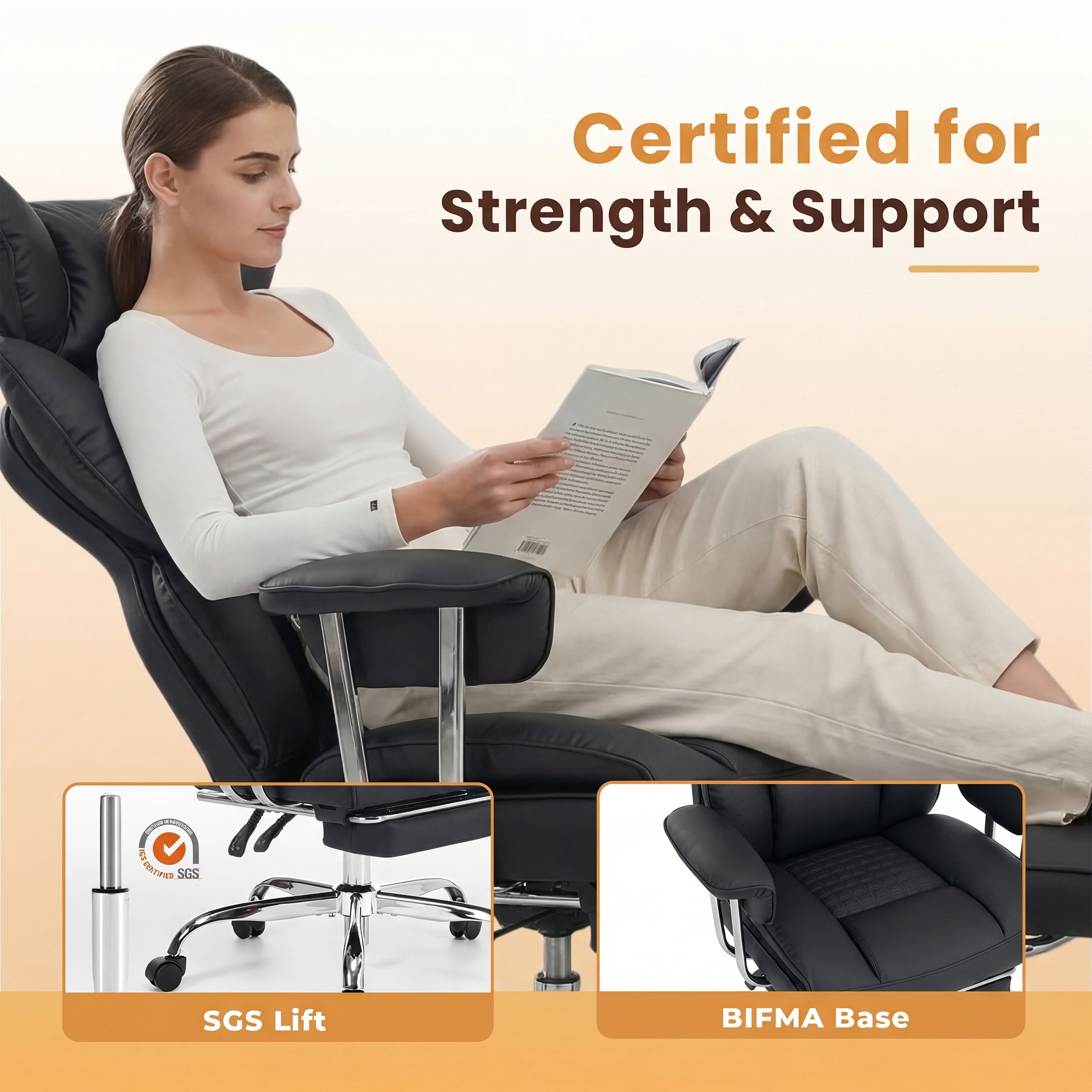 CONCETTA Ergonomic Big and Tall Office Chair, Scratch-Resistant PU Leather Executive Desk Chair with Spring Lumbar Support Black
