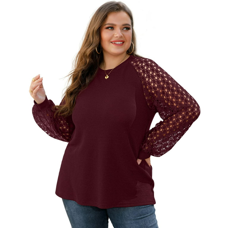 JWD Plus Size Tops For Women Lace Sleeve Blouse Waffle Knit Long Sleeve  Shirts Wine Red-3X