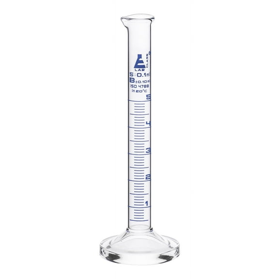 Graduated Cylinder, 5ml - Class B Tolerance ?0.10ml - Round Base - Blue Graduations - Borosilicate 3.3 Glass - Eisco Labs