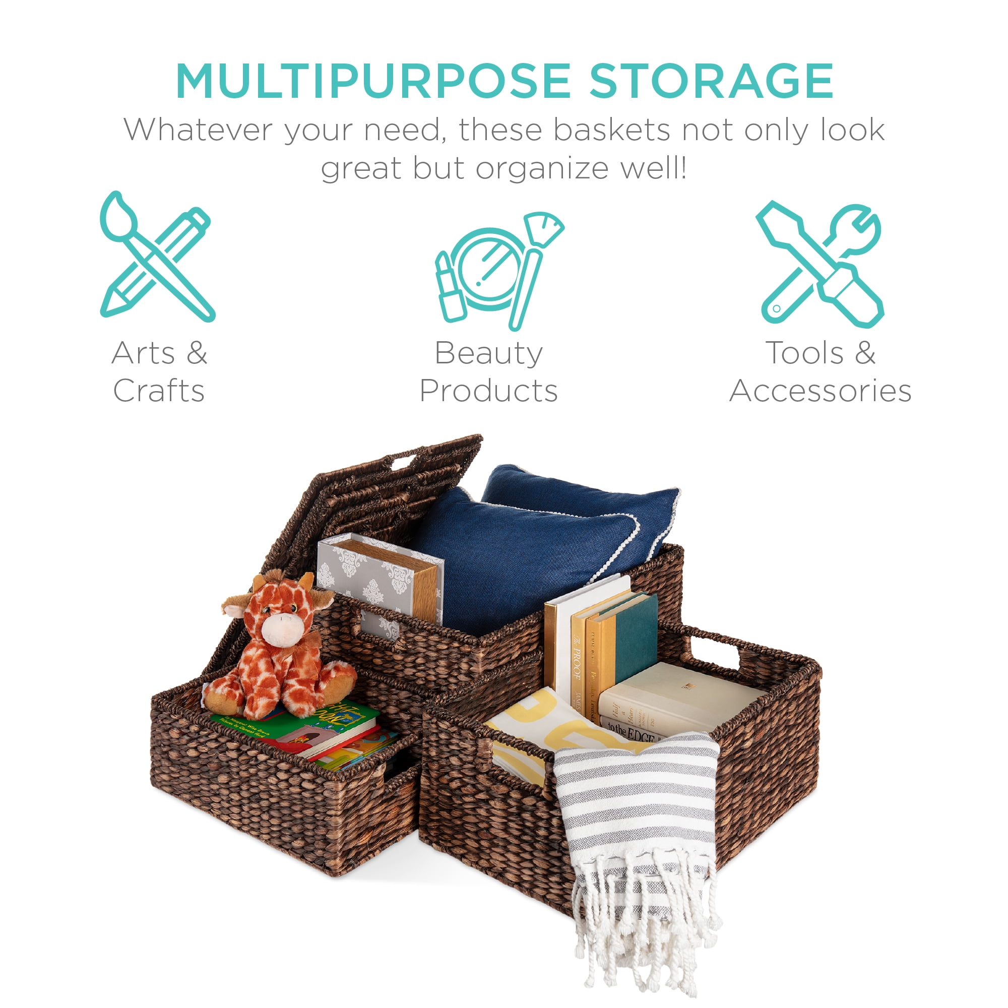 Best Choice Products Set Of 3 X-Large Multipurpose Hyacinth Storage Baskets, Handwoven Rectangular Organizer Tote - Brown