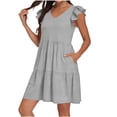 thumbnail image 2 of Womens Summer Casual Dresses V Neck Ruffle Cap Sleeve with Pockets Tiered Pleated Flowy Lounge Vacation Mini Dress,Sizes S-2XL, 2 of 6