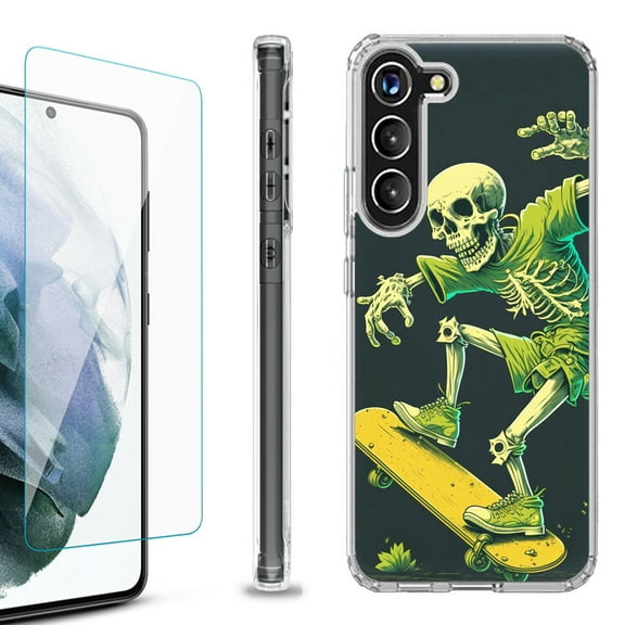 OneToughShield ® for Samsung Galaxy S23  S23 Plus 5G Shockproof Bumper Phone Case, with Tempered Glass Screen Protector - Skeleton Skater