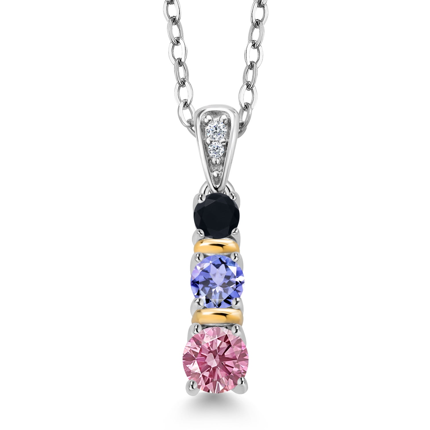 Gem Stone King 925 Silver and 10K Yellow Gold Round Pink Lab Grown Diamond Blue Tanzanite and Black Onyx Pendant Necklace for Women (0.53 Cttw, Gemstone April Birthstone, with 18 inch Chain)