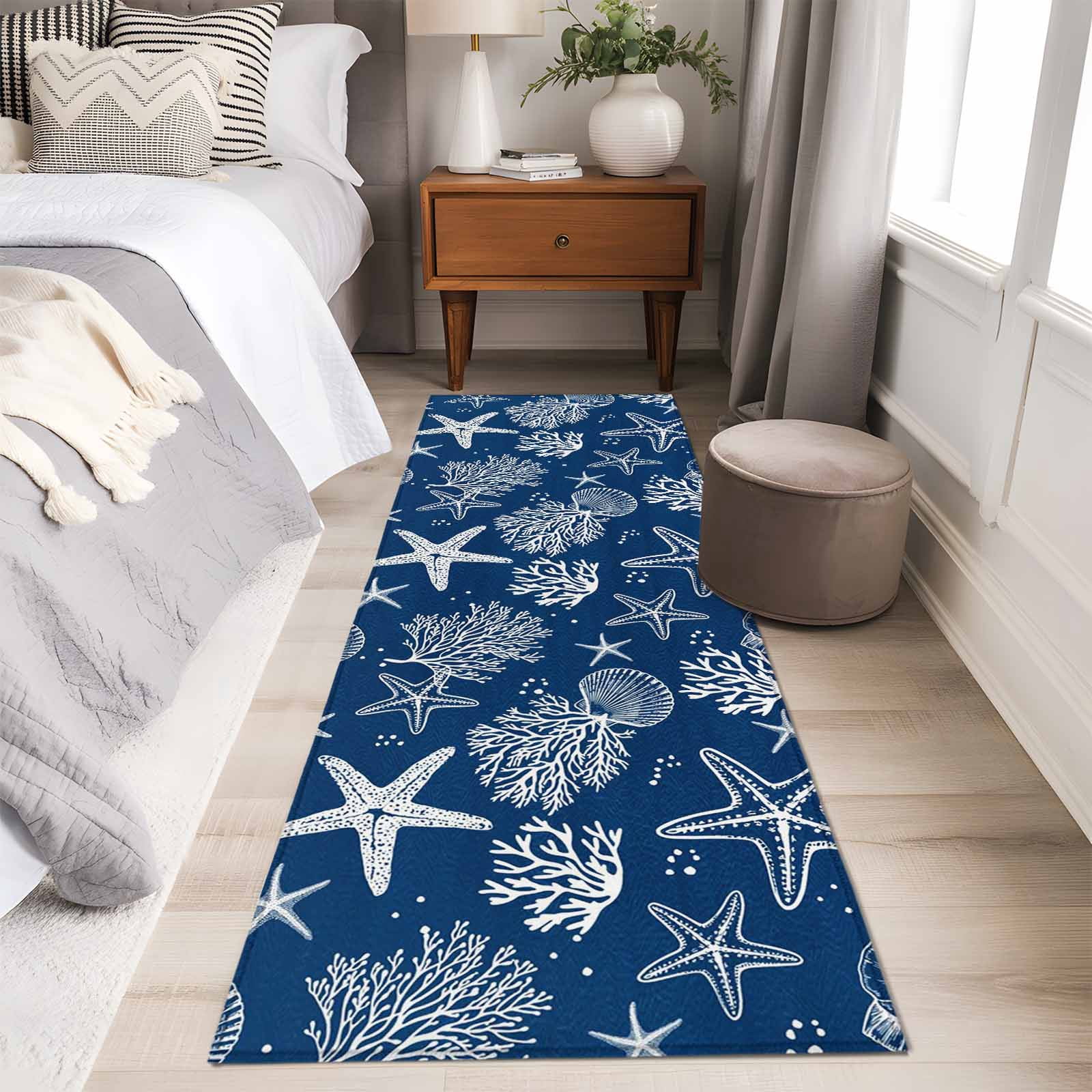 Navy Blue Coastal 2'x6' Runner Rugs for Hallway Kitchen Bedside Non Slip Washable, Nautical Beach Starfish Coral Summer Entryway Rug Runners with Rubber Backing, Long Carpet Runner for Laundry Room