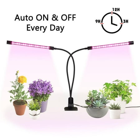 WALFRONT Timing Function Grow Light 24W Dual Head Grow Lamp 40 LED Bulbs 5 Dimmable Levels with ,grow light waterproof led bulb grow light for succulents with timer