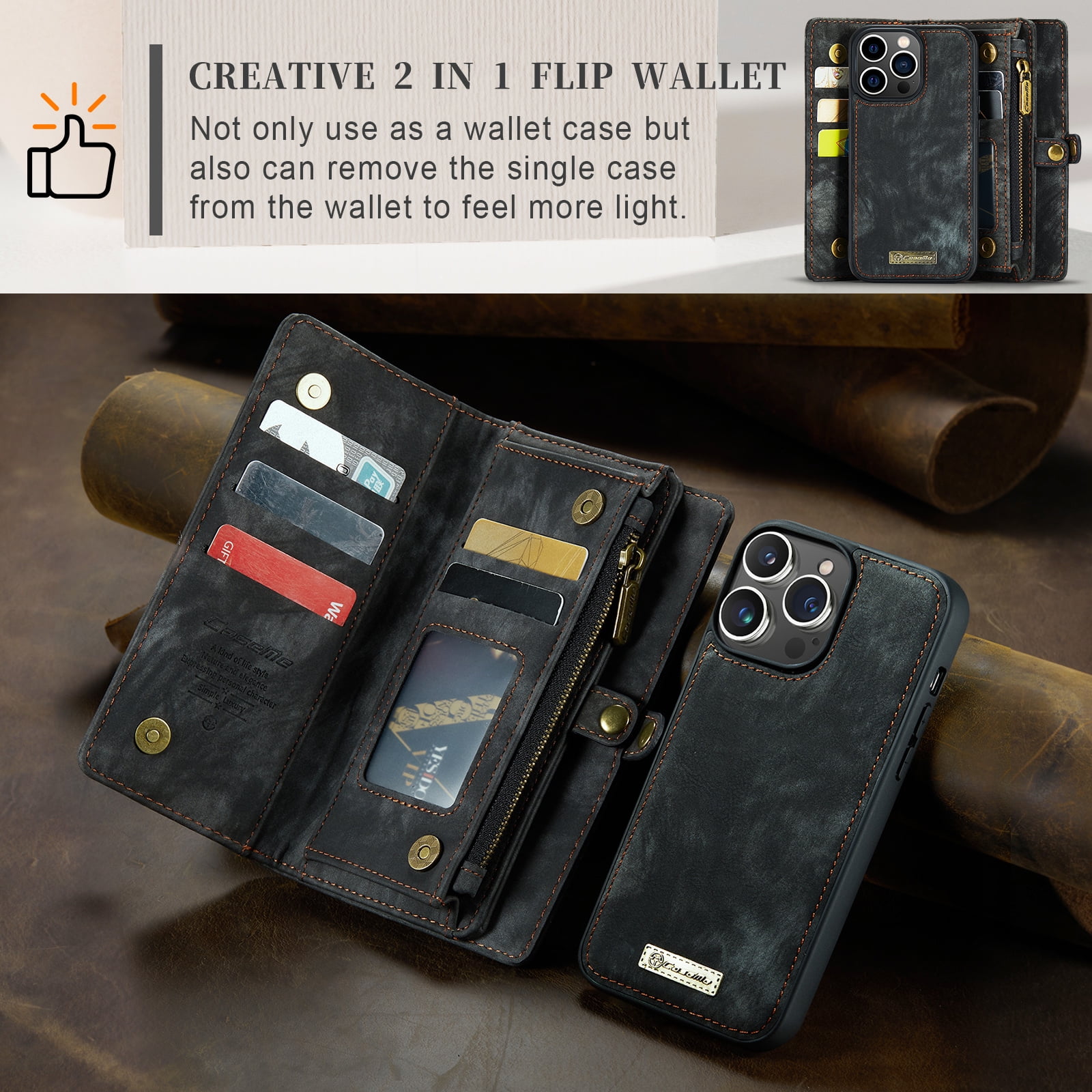 Feishell Durable 2- In-1 Magnetic Detachable Wallet Case for iPhone 16 Pro Max,for Women Men,Premium PU Leather Zipper Pocket Flip Multi Card Slots Purse Phone Case with Wrist Strap,Black