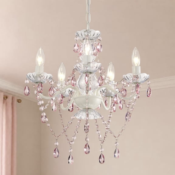LaLuLa Mini Chandelier for Girls Bedroom, Small Pink and White 5-Light Modern Acrylic Crystal Ceiling Light for Kids Room Dining Room Foyer