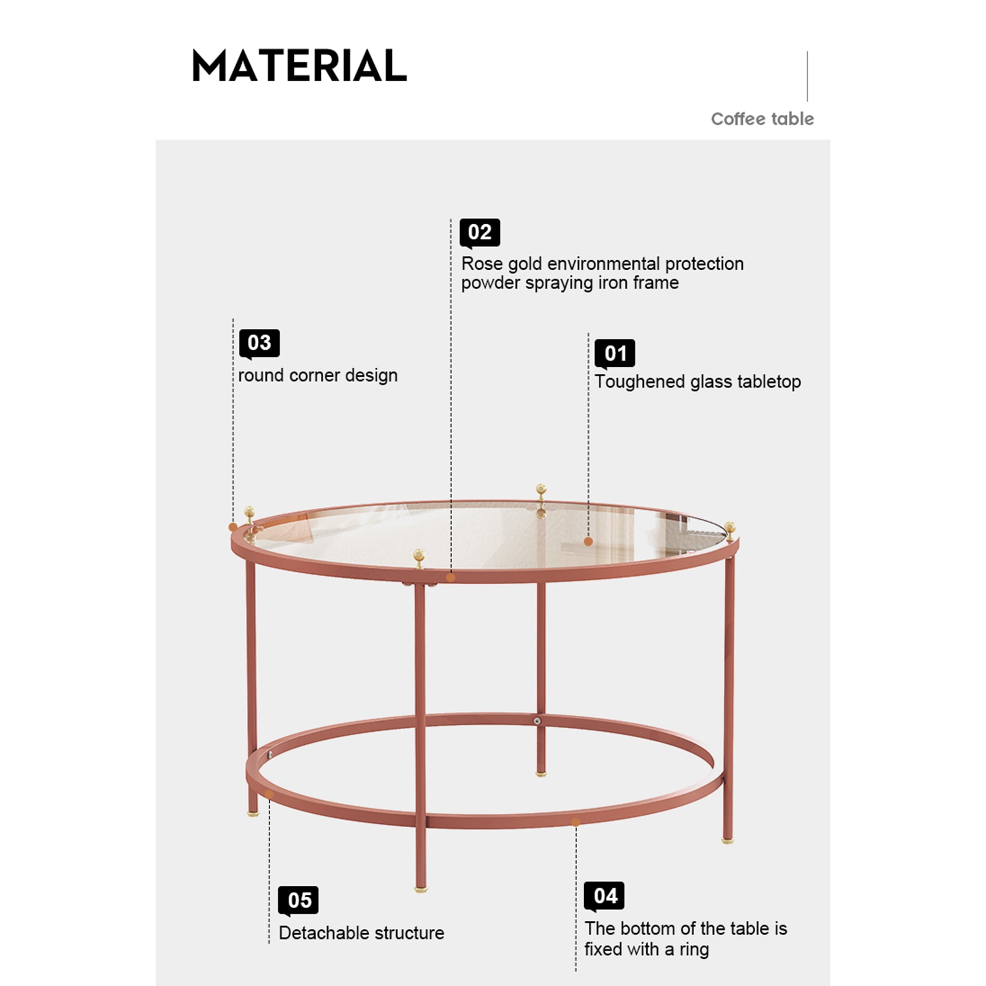 Yardi Yard Modern Clear Glass Top Coffee Table with Rose Gold Metal Frame, Living Room Round Cocktail Table