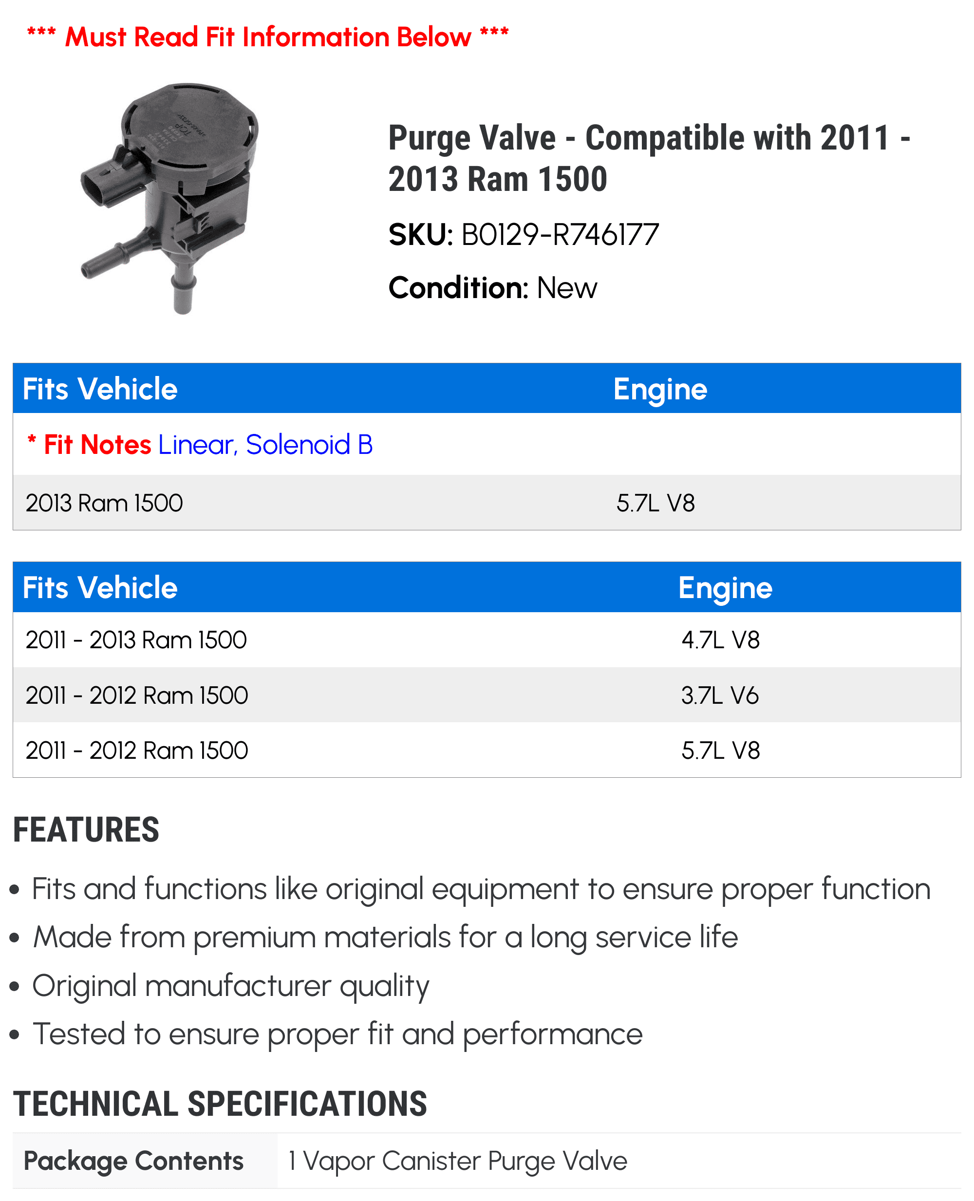 Purge Valve - Compatible with 2011 - 2013 Ram 1500 2012