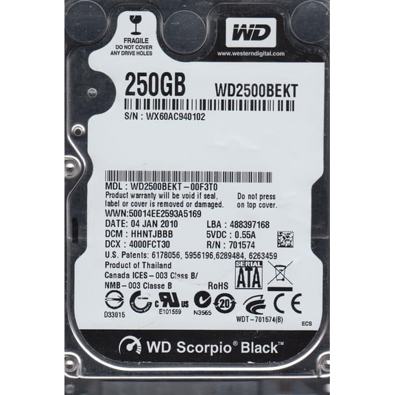 WD2500BEKT-00F3T0, DCM HHNTJBBB, Western Digital 250GB SATA 2.5 Hard Drive