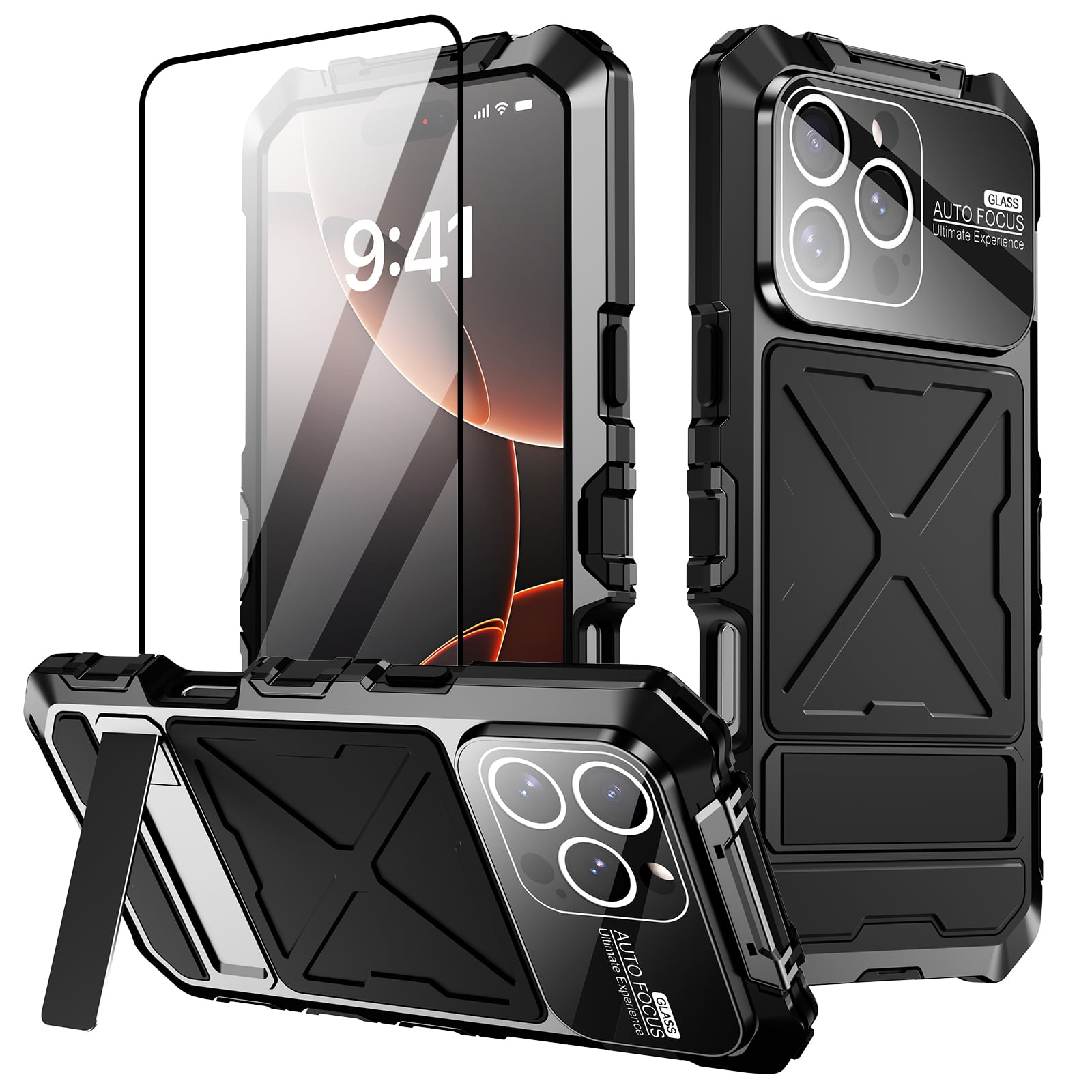 ELEHOLD Case For iPhone 16 Pro Military Grade Proection Case Rugged Cover, Full Coverage, Ergonomic Design, with Invisible Stand, Screen Protector, Black