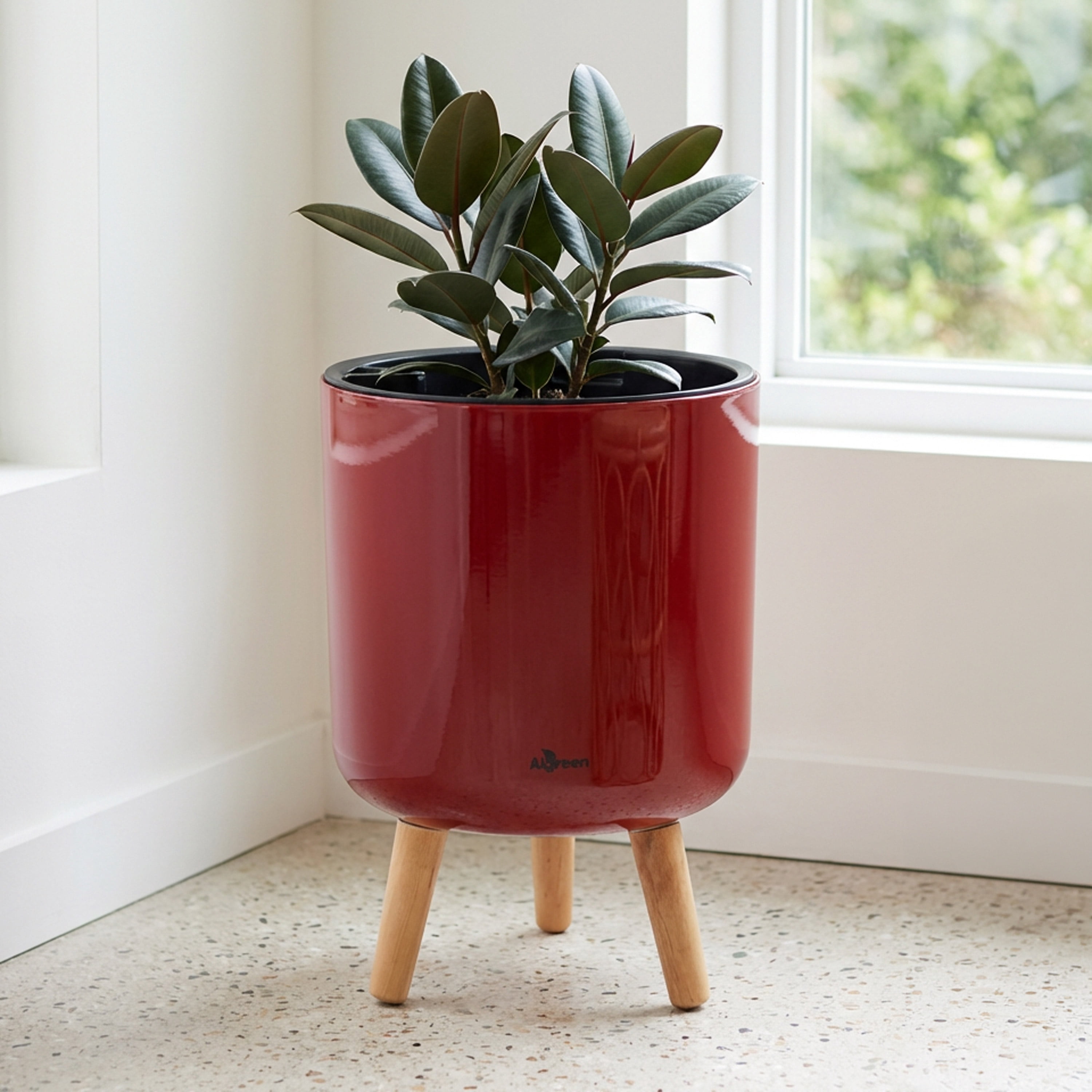 Algreen Modena 10.7" Self-Watering Planter with Stand, Gloss Red