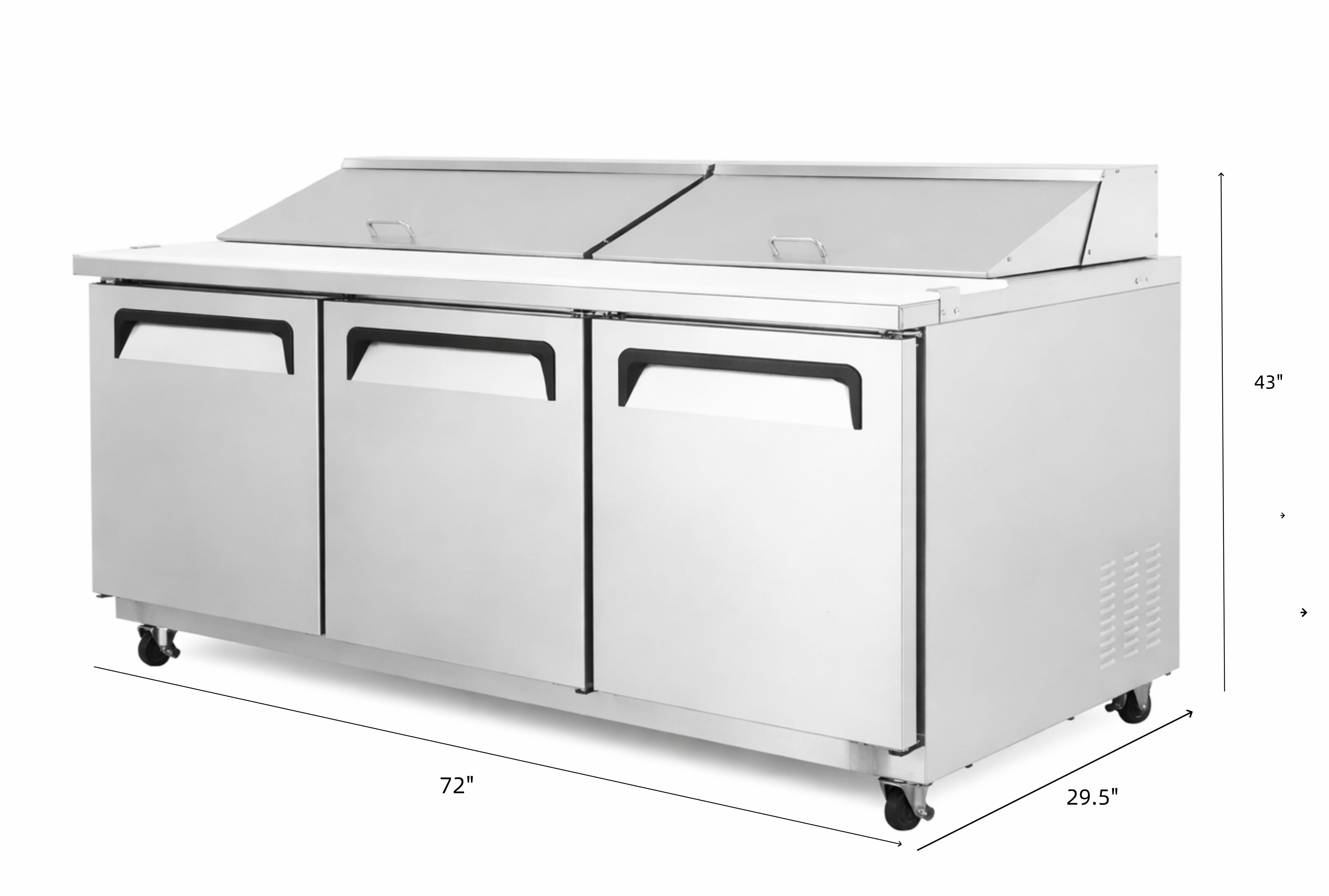 72 in. Commercial Sandwich Prep Table Refrigerator, 18 Cu.Ft., 20 x 1/6 Pan Capacity, Dual Lids, 3-Door, Stainless Steel, NSF Certified