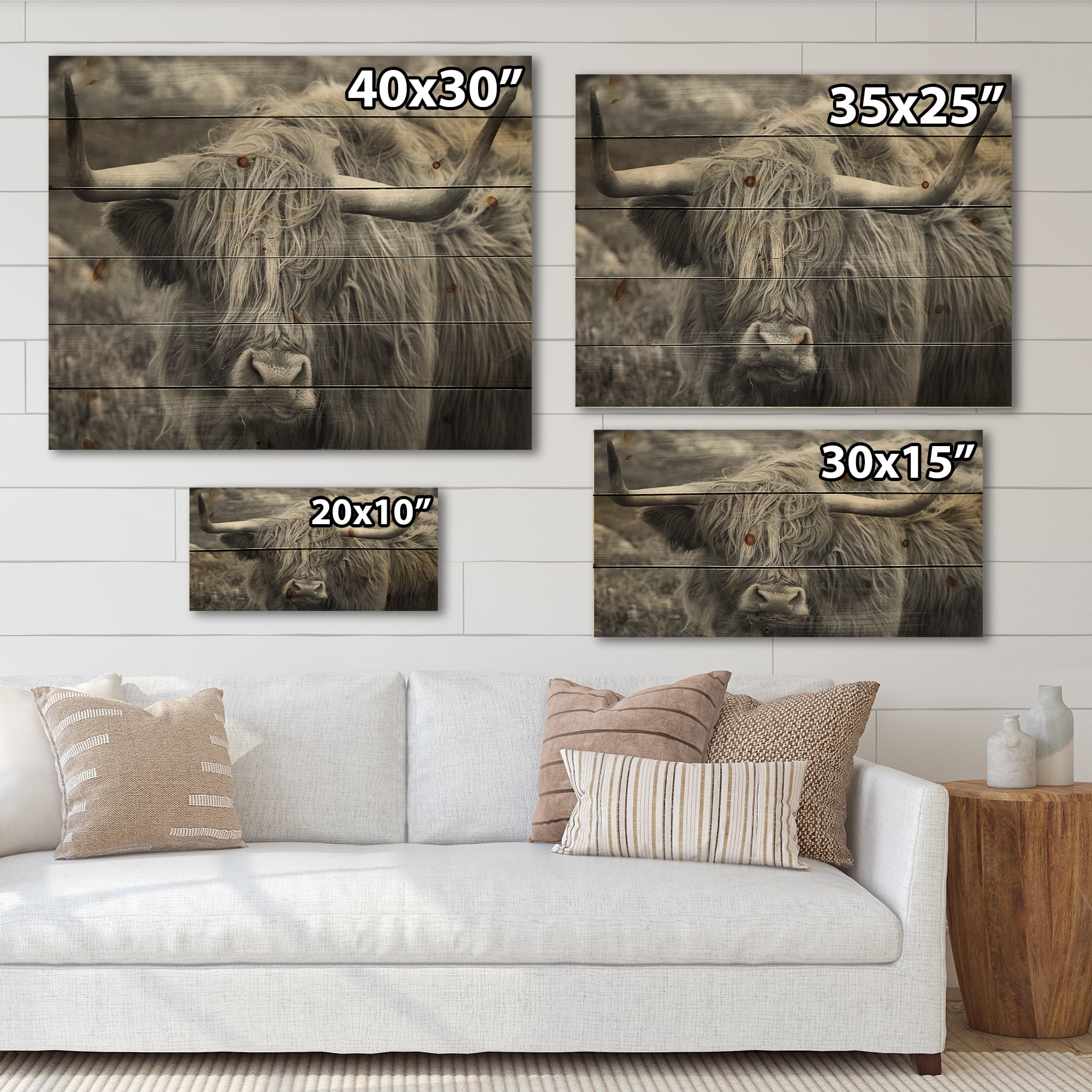Designart 'Close Up Of Scottish Cow On Moorland I' Farmhouse Print on Natural Pine Wood