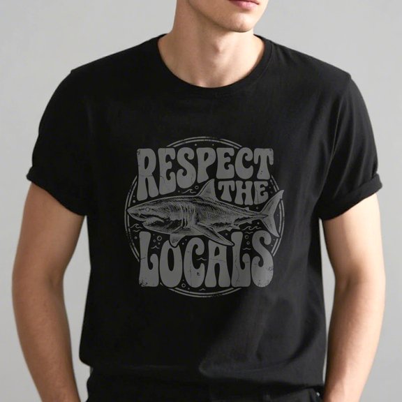 Respect The Locals Retro Great White Shark Vintage Ocean Graphic T-Shirt, Nautical Marine Wildlife Unisex Casual Distressed Tee Shirt