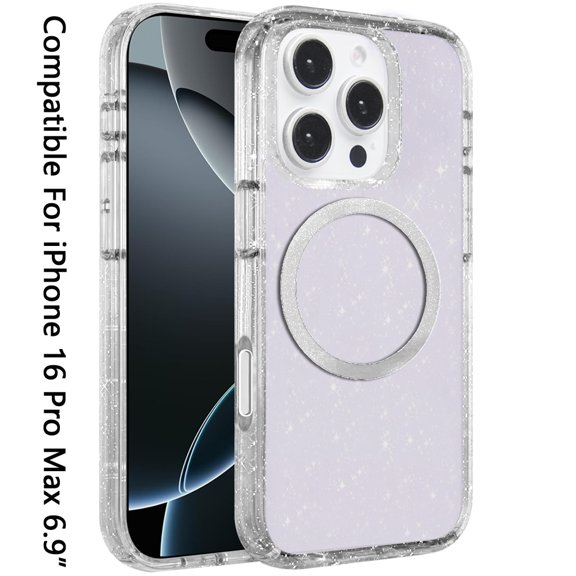 For Apple iPhone 16 Pro Max (6.9") Transparent Glitter Bling Sparkly Shiny Case Hybrid Magnetic Circle Compatible with MagSafe Shockproof Cover ,Xpm Phone Case [ Clear Glitter ]