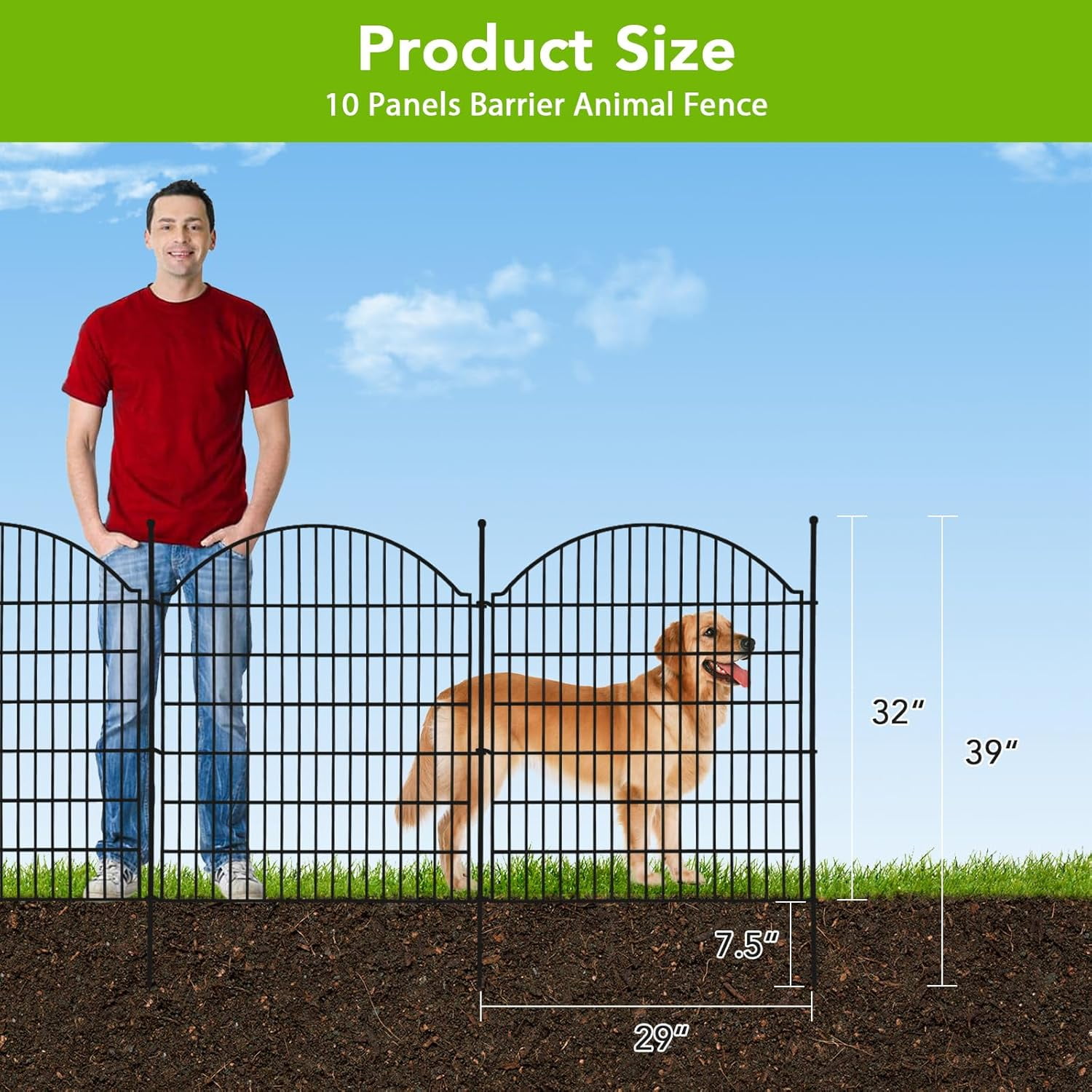 IdealHouse 15-Panel No-Dig Decorative Garden Fence with Door, 32" H x 24' L Metal Animal Barrier, Rustproof Outdoor Wire Fence for Yard, Patio & Landscape, Horizontal Top