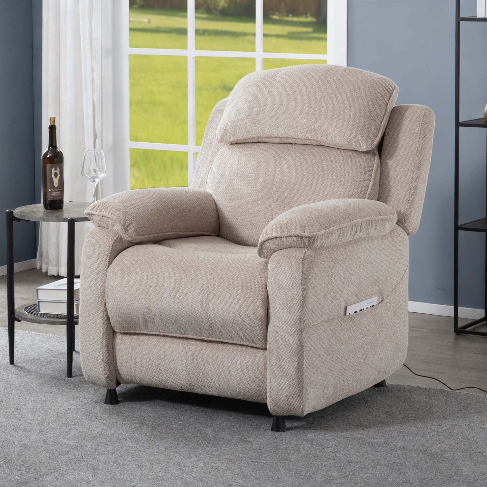 Gewnee Light Khaki 34.84" Power Recliner, Solid Wood Frame Chenille Upholstery, for Home Office Living Room