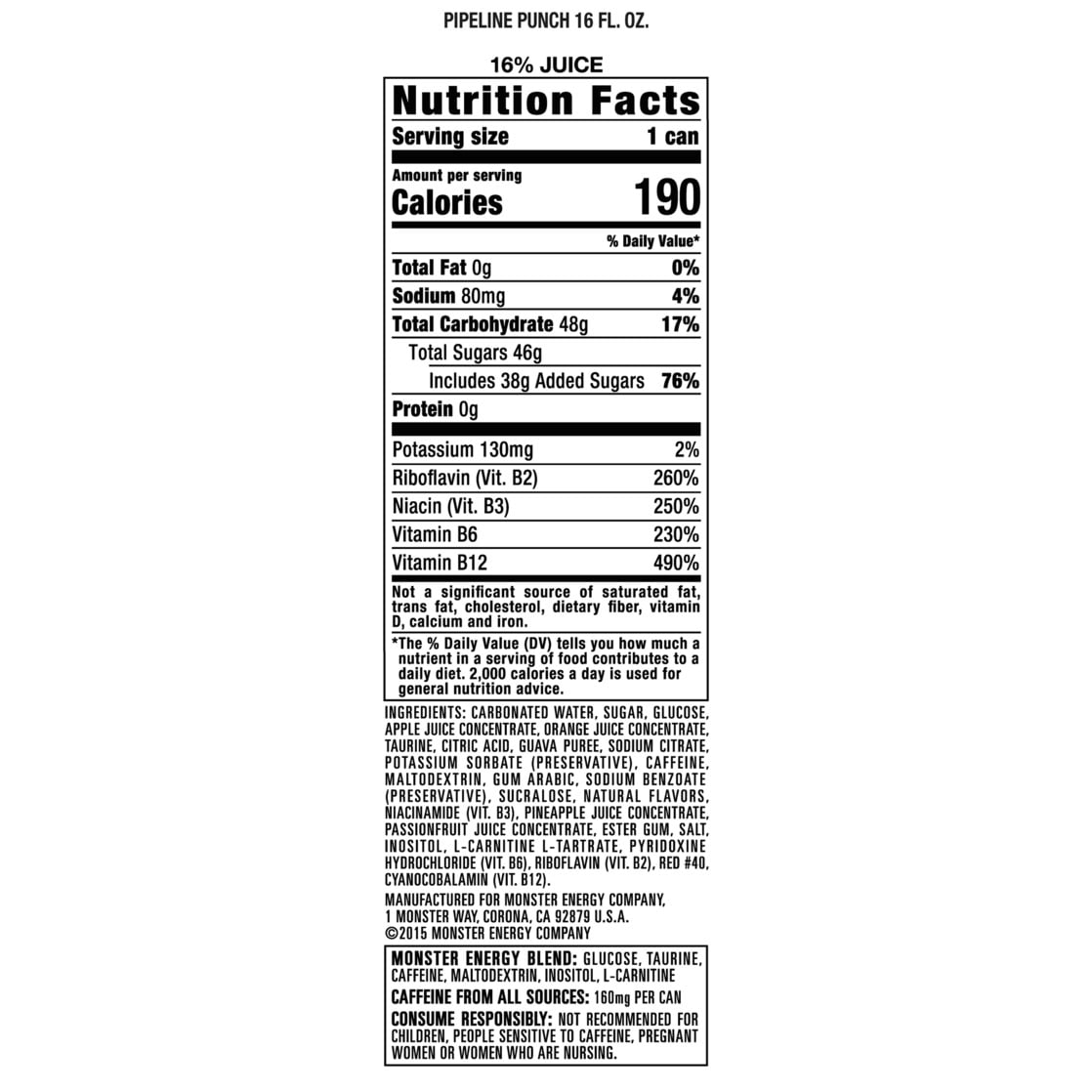 Monster Energy Juice, Pipeline Punch, Juice + Energy Drink, 16 Fl Oz