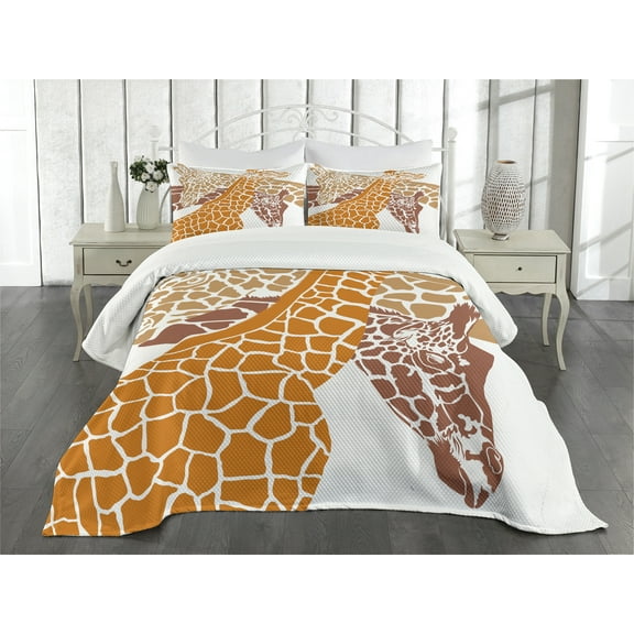 Ambesonne Giraffe Quilted Bedspread Set 3 Pcs, Wildlife in Africa, Queen Size, Orange White and Brown