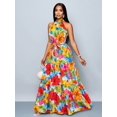 thumbnail image 4 of Womens Red Allover Tropical Floral Print Halter Neck Maxi Dress With Self-Tie Belt, Flowing Vacation Style, 4 of 8