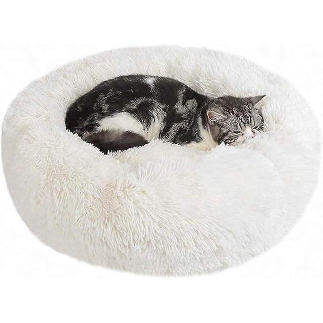 Cama redonda con forma de donut para perros y gatos: mullida y suave, ideal para acurrucarse, acurrucarse y relajarse (50 cm, blanca)