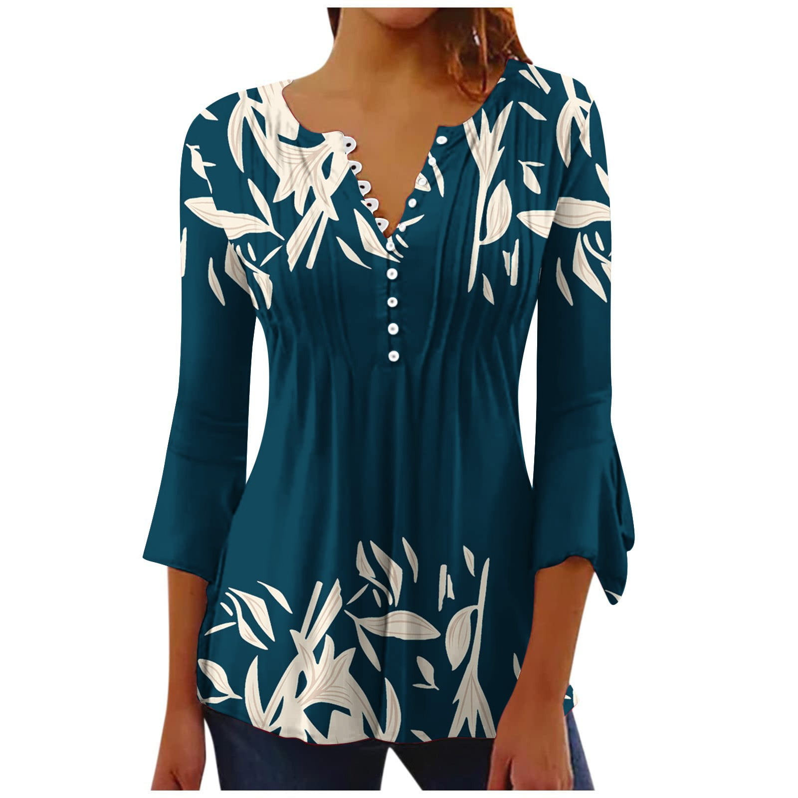 Womens Shirts and Blouses Trumpet 3/4 Sleeve Printed Buttoned Basic