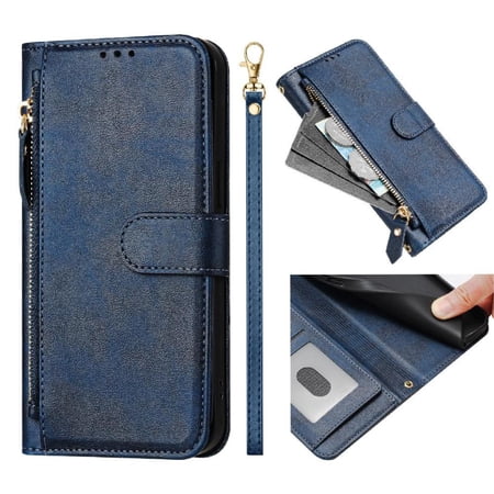 Filp Case for OPPO A38 4G Zipper Pocket Magnetic Flip Wallet Phone Case with 7 Card Slots and Wrist Strap