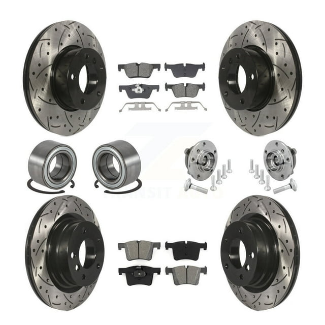 Transit Auto Front Rear Hub Bearing Assembly Coated Disc Brake Rotor and Semi-Metallic Pads Shoe Kit (10Pc) for Car 2017-2020 BMW 230i xDrive Without Blue Painted Calipers - Left Right Side KBB-132853