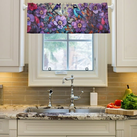 Bird Flowers Floral Purple Curtain Valances Farmhouse Design Window Treatment Decor Blackout Rod Pocket for Windows Living Room Kitchen 54" x 18"