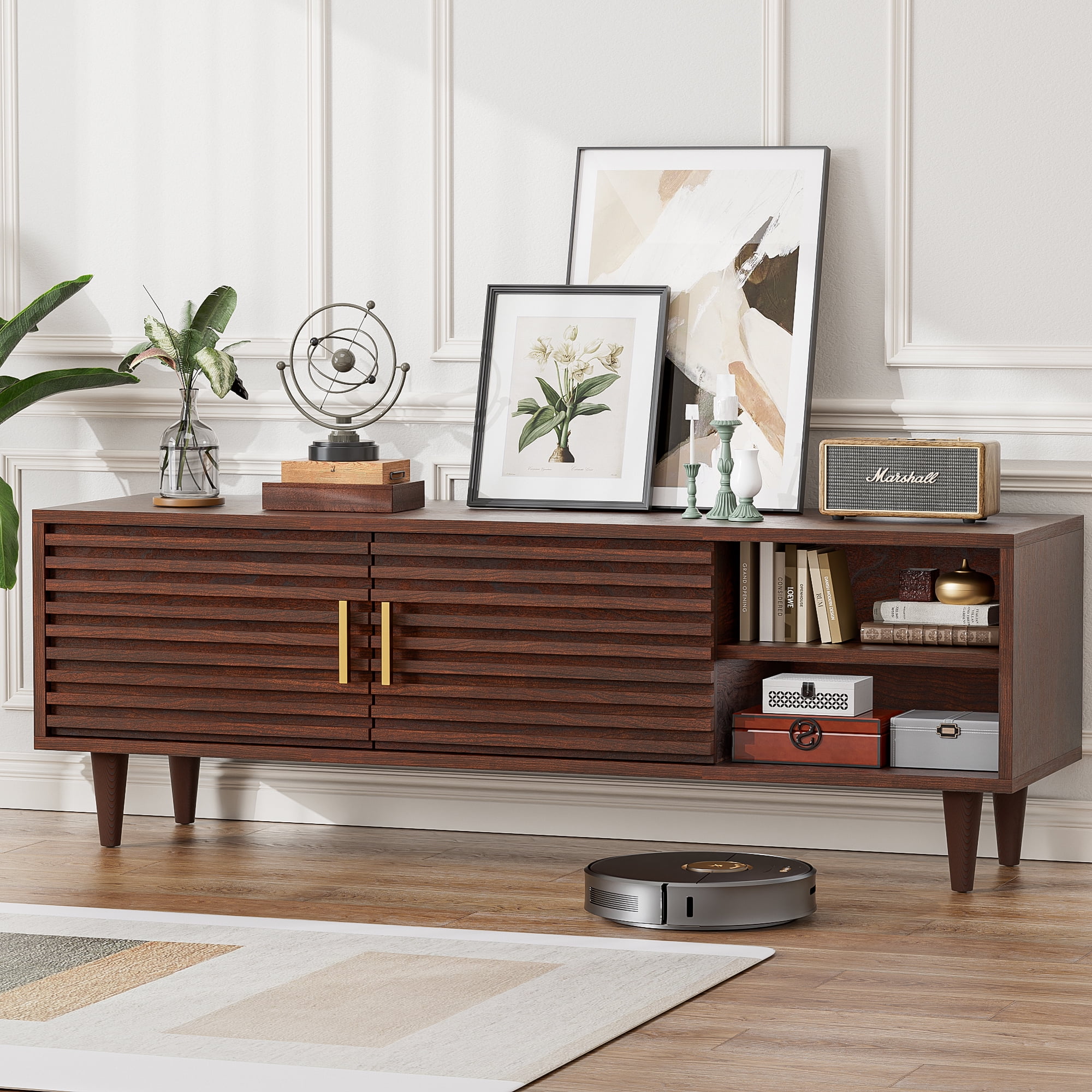 Alohappy Mid-Century Modern TV Stand for TVs up to 60 inch, Sliding Door Wood TV Console with Storage Cabinet, Home Media Entertainment Center for Living Room (Vintage Brown)