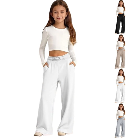 Miaoju Linen Pants Girls Casual Summer Sporty Baggy Wide Leg Barrel Lounge Pants High Waisted Elastic Drawstring Trousers School Uniform