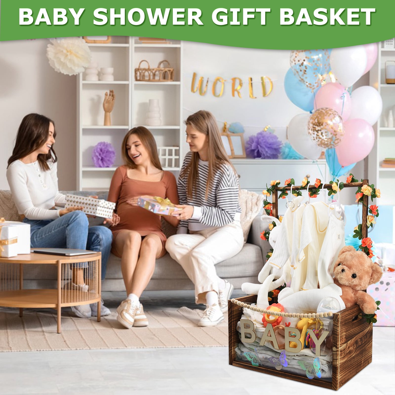 Baby Shower Crate Closet with Handle, Multifunctional Wooden & Acrylic Visible Storage Box, Newborn Toy Basket for Boys Girls, Pregnancy Gift for New Moms (Brown)