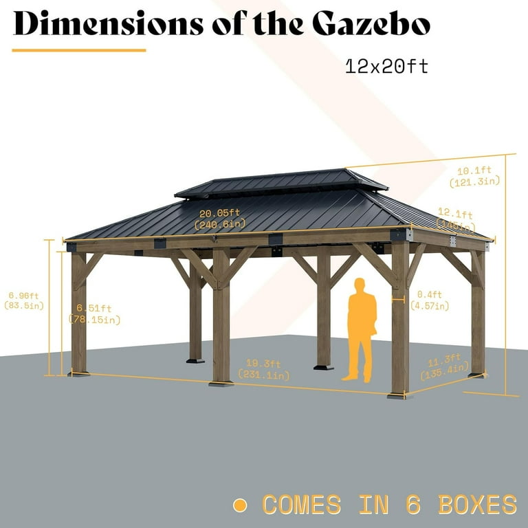 Jocisland 12x20 FT Hardtop Gazebo, Solid Wood Pavilion with Iron