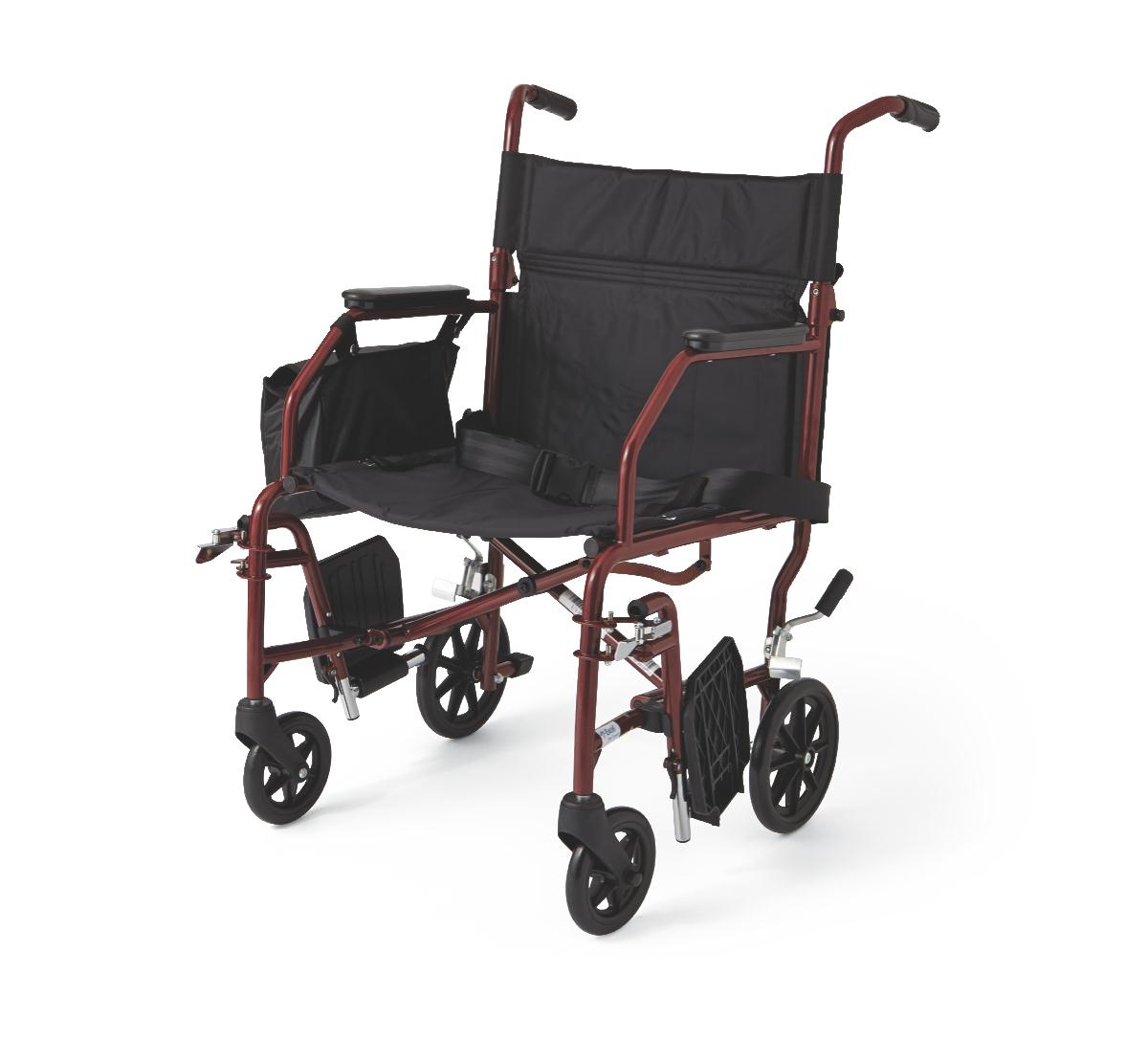 Medline Basic Steel Transport Wheelchair with 19" Wide Seat, Burgundy