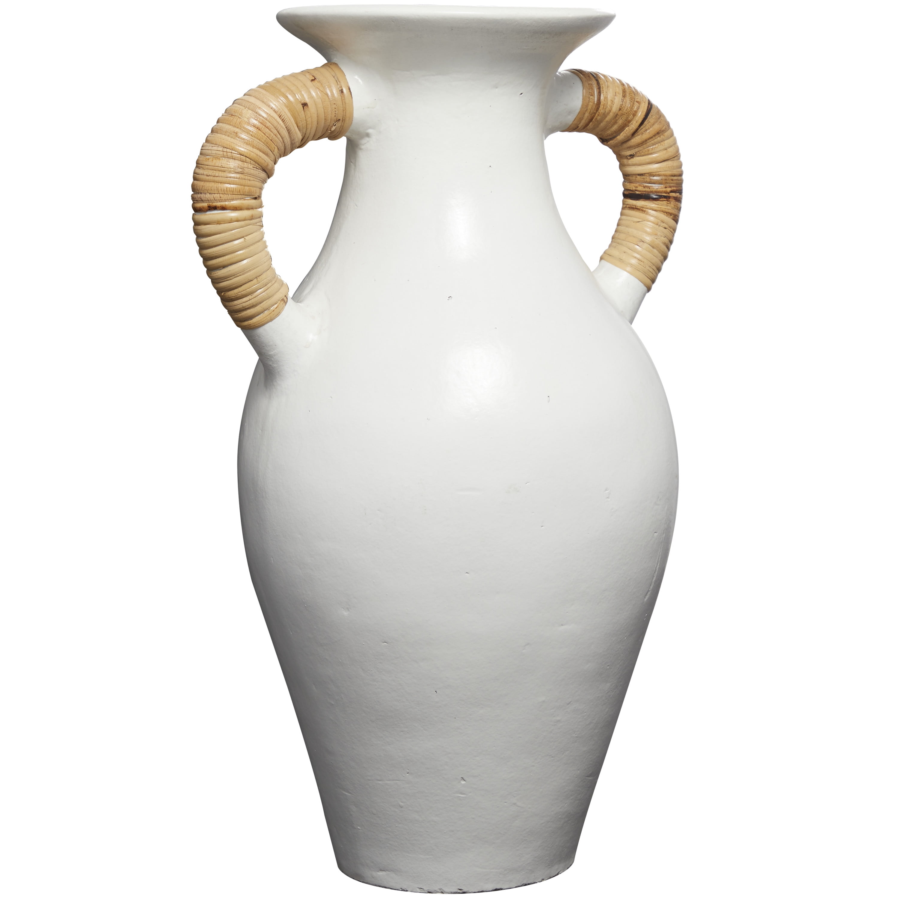 DecMode 21" Jug Inspired White Ceramic Vase with Rattan Wrapped Handles