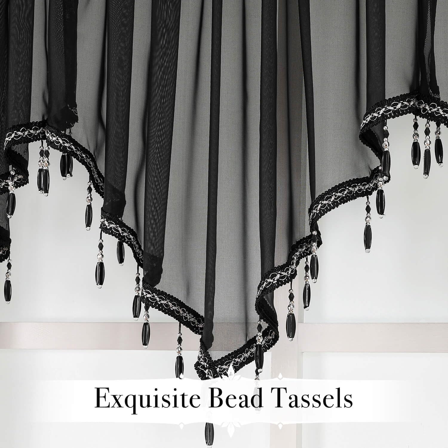 Kiibsot 3-Pack Halloween Beaded Sheer Valance Curtains for Windows, Triangle Sheer Voile Kitchen Swag Curtain Valances Boho Bead Tassels Window Valances for Bedroom Living Room, Each 51 x 24 Inch