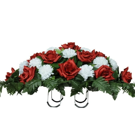 Red Roses and White Carnations Silk Saddle Arrangement by Sympathy Silks® (Best Sympathy Flowers Delivered)