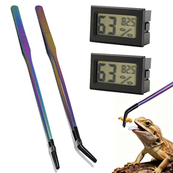 XUBIYM 4 Pack Reptile Thermometer and Humidity Gauge & Reptile Feeding Tongs with Rubber Tips,Bearded Dragon Tank Accessories,Digital Hygrometer and 10.6" Straight & Curved Long Tweezers for Lizard