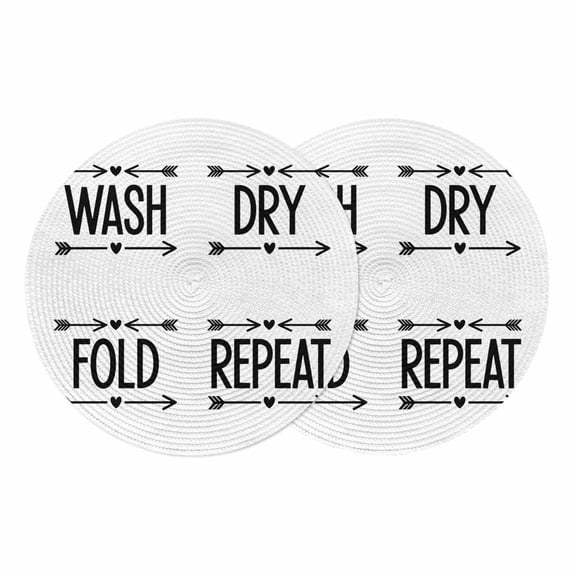 Laundry Round 13 Inch Placemats Set of 2, Black Words Funny Wash Dry Fold Minimalist HeatResistant Non Slip Place Mats for Dining Table, Wipeable Braided Kitchen Table Mats for Housewarming