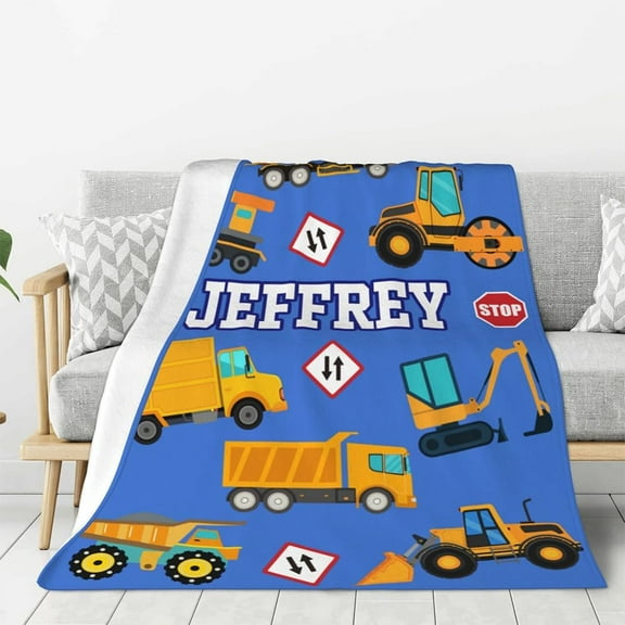 Personalized Construction Trucks Blanket Custom Name Soft Cozy Flannel Throw Blanket Bed Home Decor Gift for Kids 40"L x 30"W