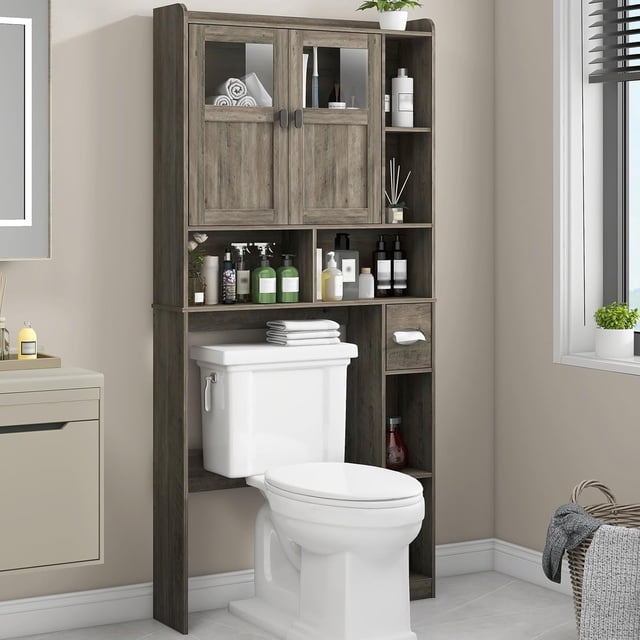 Vabches Over The Toilet Storage Cabinet,Freestanding Bathroom Toilet Rack with Glass Doors and Adjustable Shelves for Restroom, Bathroom, Laundry,Gray