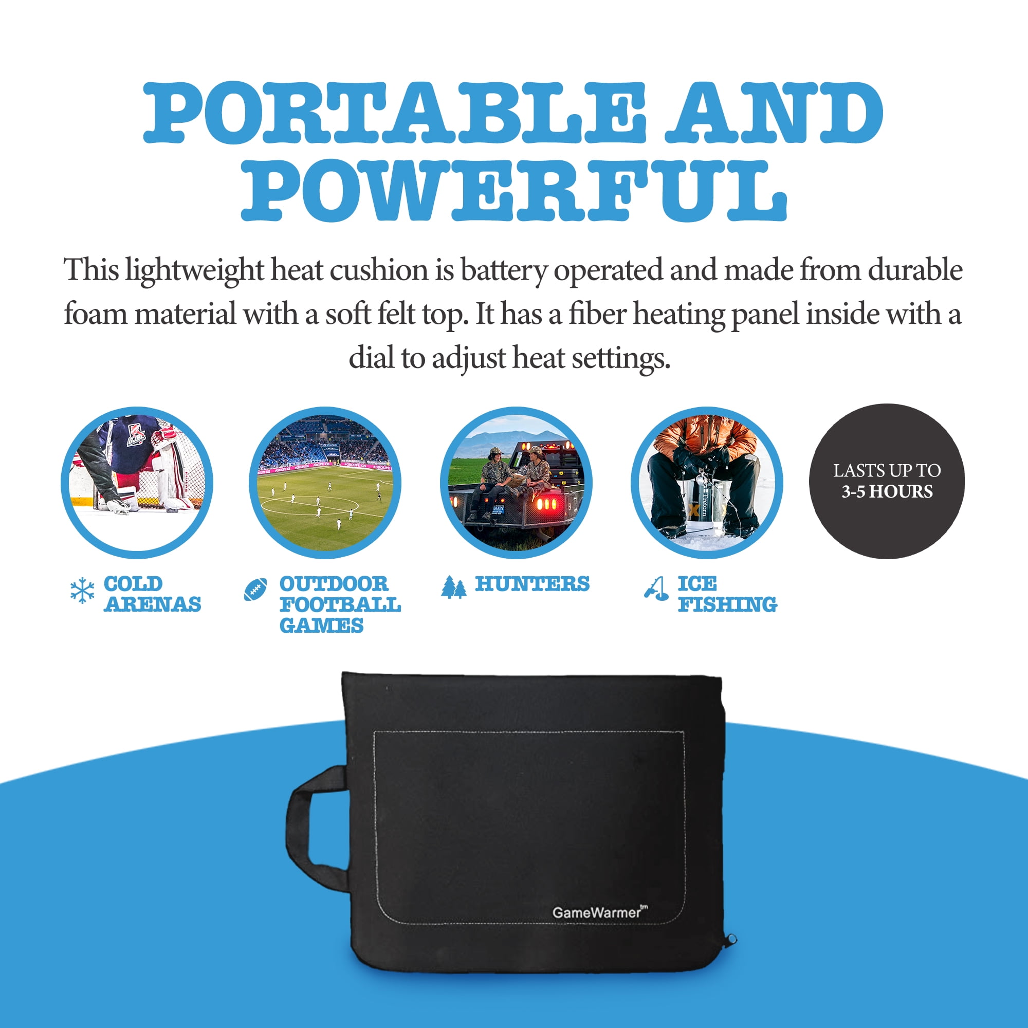 GameWarmer Rechargeable Battery Operated Heated Stadium Bleacher Seat cushion Lasts Up To 5 Hours and Also Recharges cell Phones includes Battery