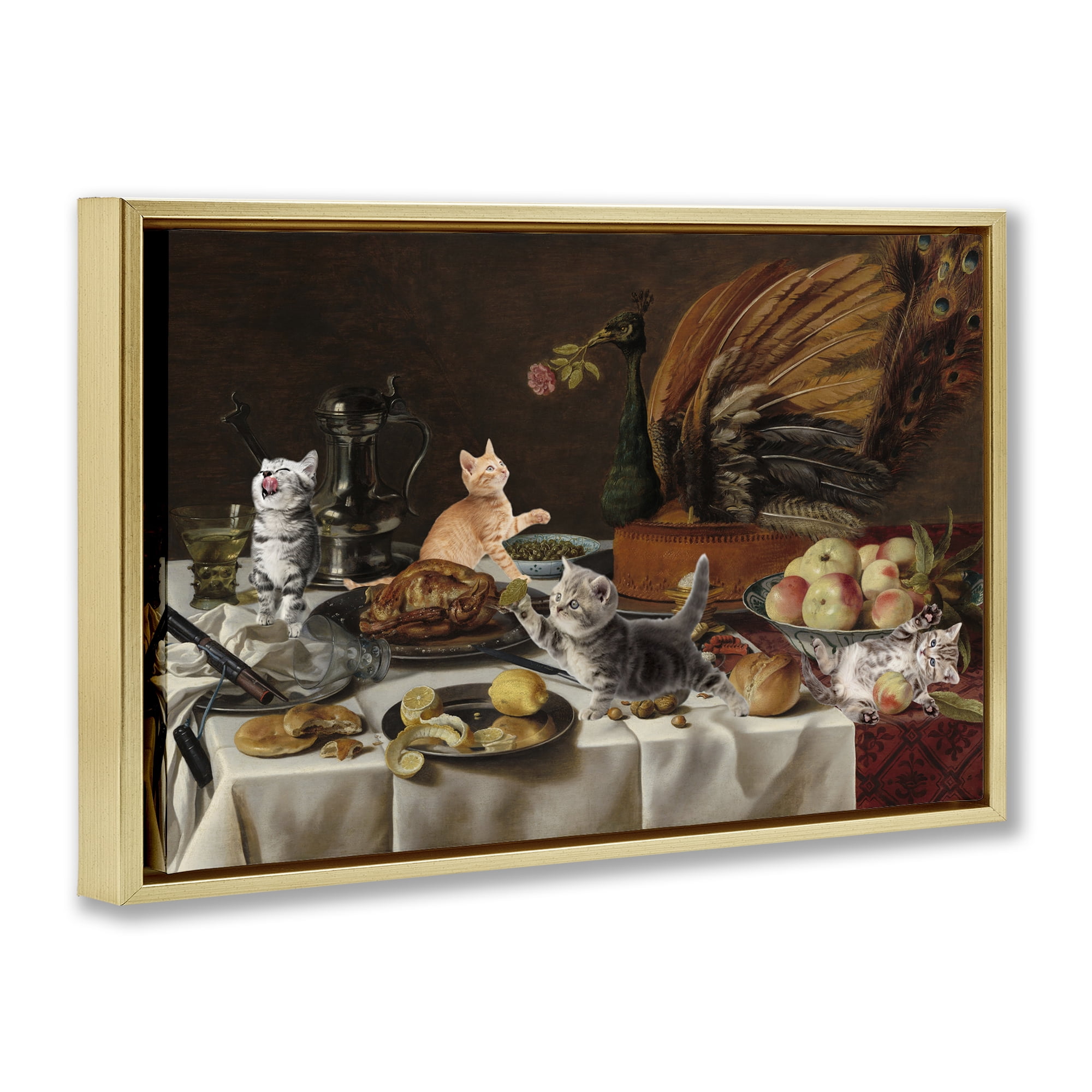 Kittens on Still Life Feast Gold Framed Floater Canvas Wall Art, design by Masters Redux