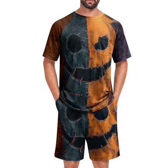Leidass Mens Halloween Pajama Set Short Sleeve Sleepwear Lounge Set Crew Neck Tee and Shorts Casual Homewear Two Piece Outfit Beige L